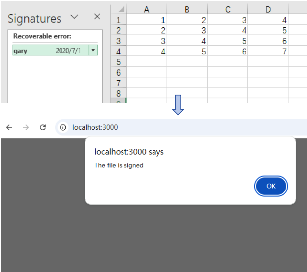 Detection result dialog showing whether the file is signed