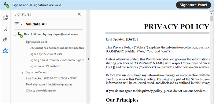 An invisible digital signature in PDF.