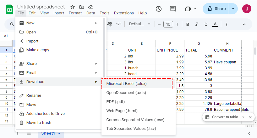Downloading a Google Sheet as an Excel file.