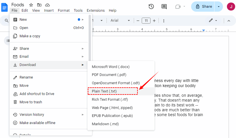 Download an HTML file as a plain text file using Google Docs.