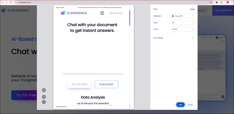 screenshot of downloading webpage in pdf formats with browser