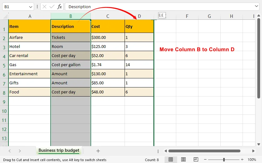 Shift + drag to reorder Excel columns