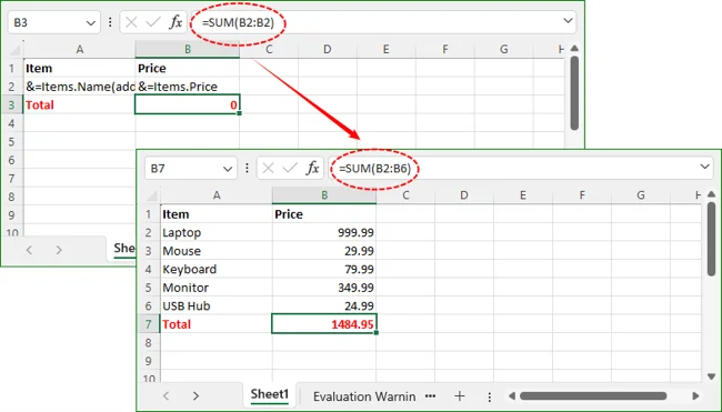 SUM formula automatically calculated after row expansion
