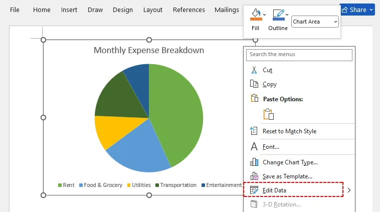 Right-click menu on a Word pie chart with Edit Data highlighted.