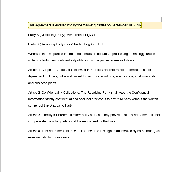 The document after an editable range is set; the lightly shaded paragraph is the editable range