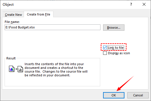 Embed Excel as an object in MS Word