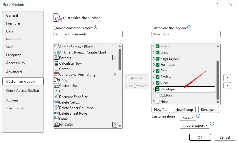 Excel Options dialog showing 