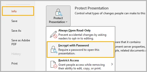 encrypt with password option in PowerPoint