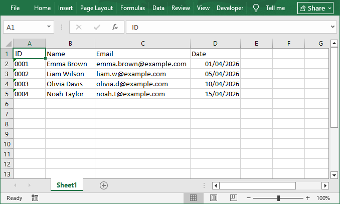 Planilha do Excel com dados de exemplo