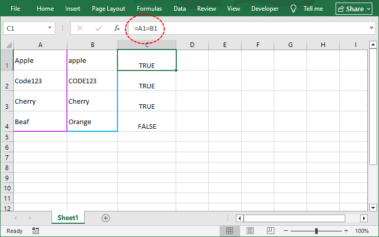 Fórmula do operador de igualdade do Excel para verificação que não diferencia maiúsculas de minúsculas
