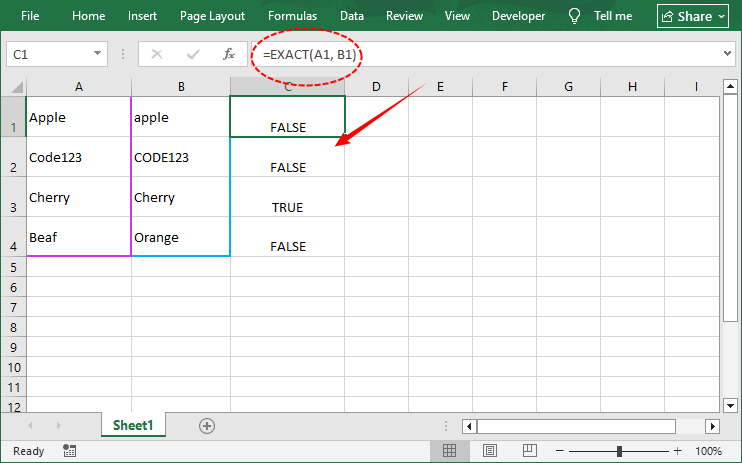 Fórmula EXACT do Excel para verificação que diferencia maiúsculas de minúsculas