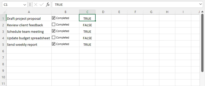 Task list with checkboxes in Column B linked to TRUE/FALSE cells in Column C