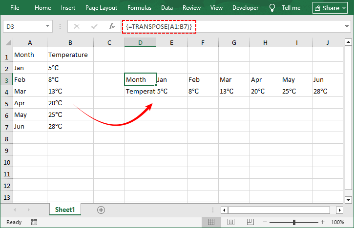Excel TRANSPOSE function dynamic column to row conversion