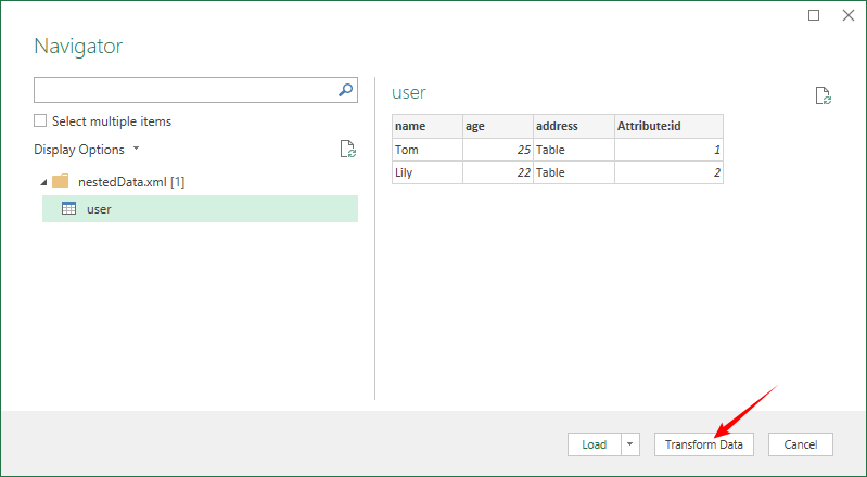 Navegador de Power Query mostrando datos XML