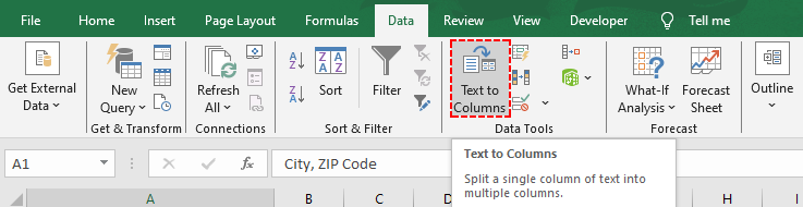 Excel Data tab with the Text to Columns button