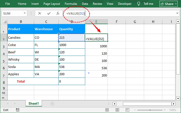 VALUE function applied to a column of text-formatted numbers