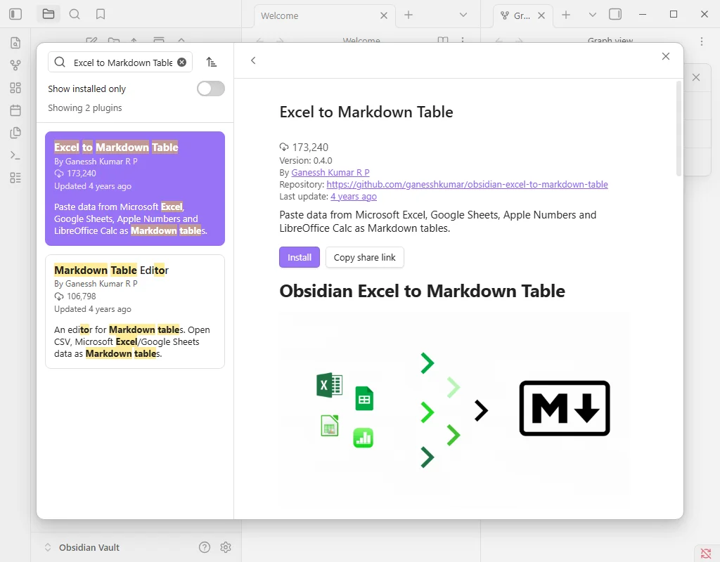 Search Excel to Markdown Table Plugin in Obsidian