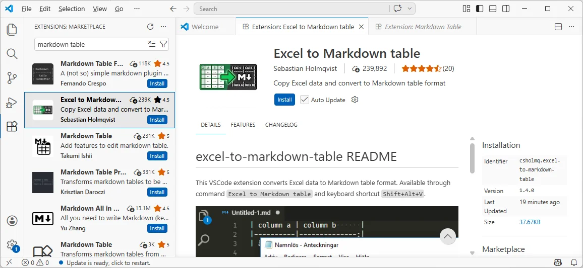 Convert Excel to Markdown Table with VS Code Extension