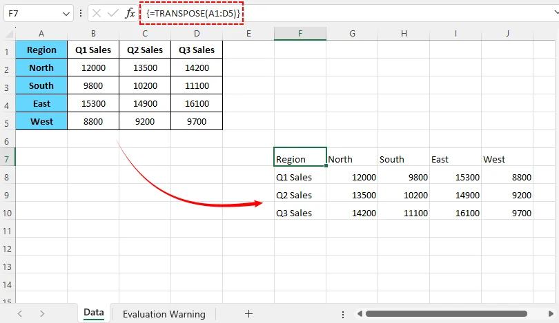 Transpose data with the TRANSPOSE array formula in C#
