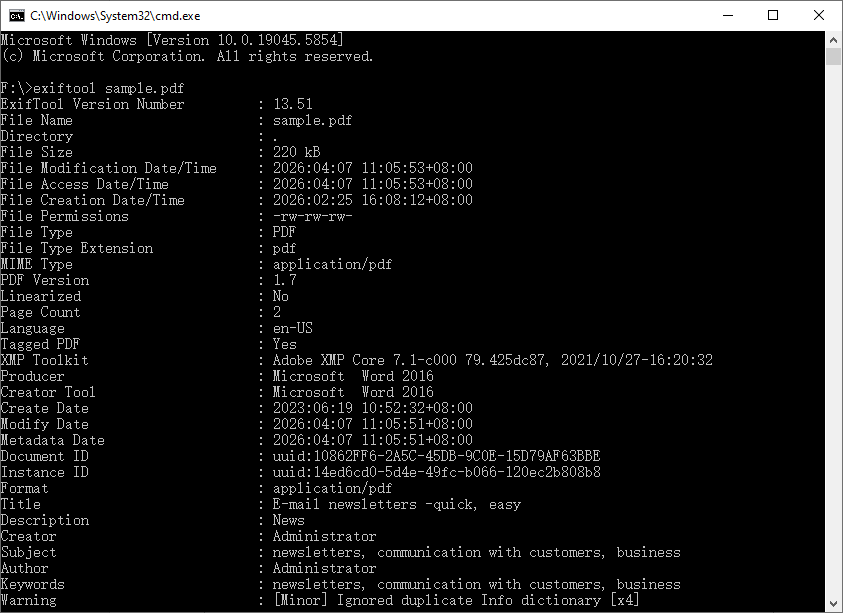 ExifTool command line showing PDF metadata tags.