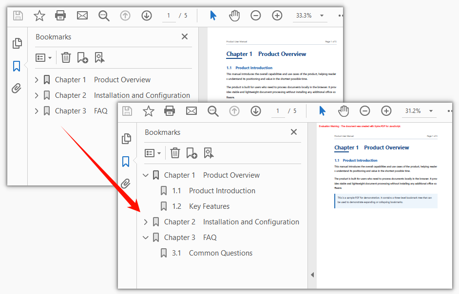 The document after expanding or collapsing the specified bookmarks by index