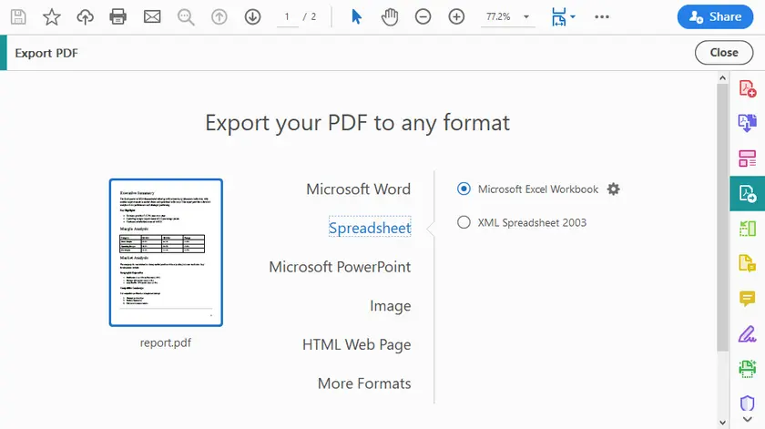 Esporta PDF come Foglio di Calcolo