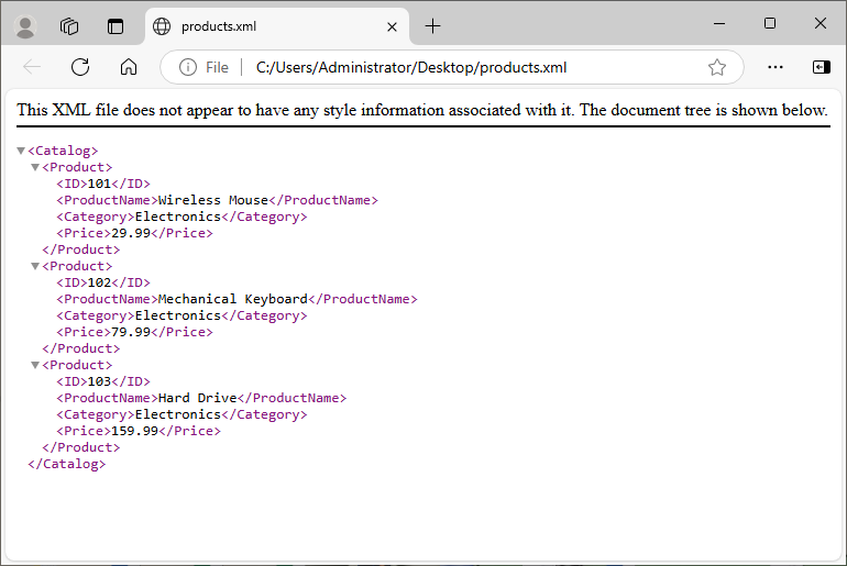 Resultierende XML-Datei in einem Browser angezeigt.