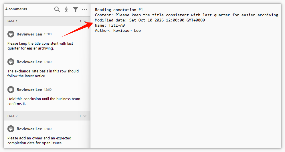 Content, author, name, and modified date read from a single annotation