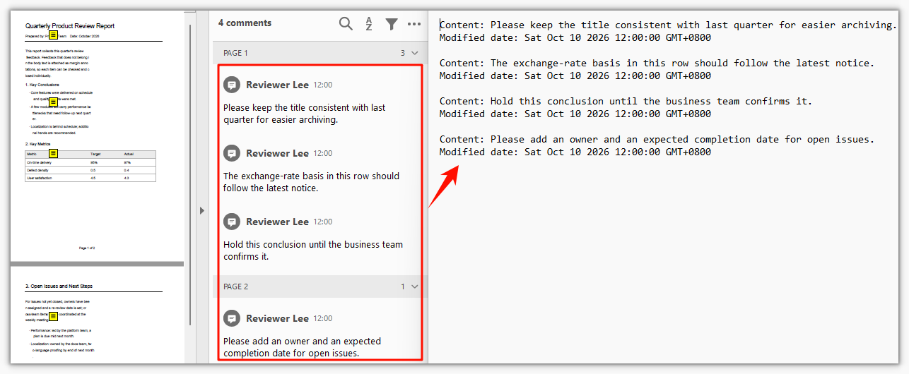 Content and modified date collected from every page, with popup child annotations skipped
