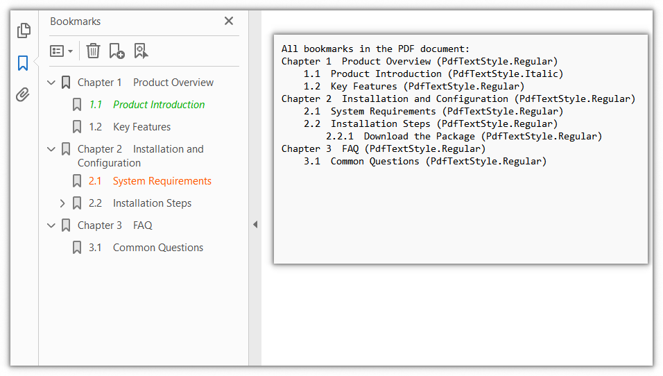 The list of all bookmark titles and text styles extracted recursively