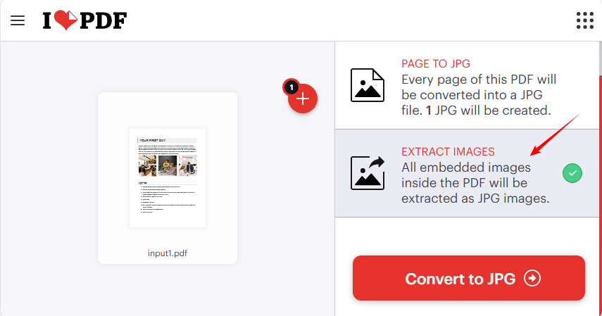 Extract JPG images from PDF using iLovePDF free online tool
