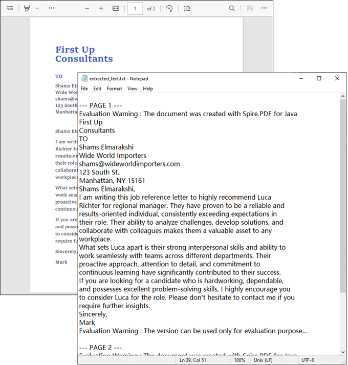 Scanned PDF document (input) and extracted text file (output) showing successful PDF-to-text conversion.