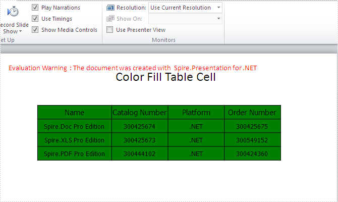 How to fill the table cell with color in PowerPoint document in C#