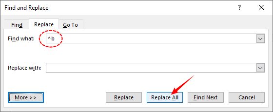 Remove all section breaks at once with Find and Replace