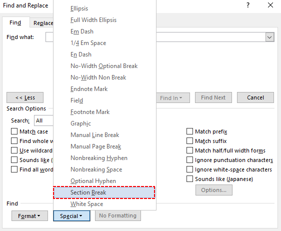 Find and Replace dialog with 