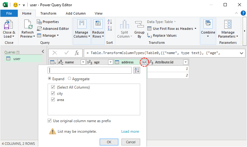 Expansión de columnas anidadas en el Editor de Power Query