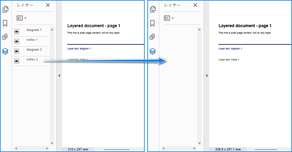 The reviewed contract before and after flattening — the stamp, the note and the highlight are still on the page, the annotation objects are gone