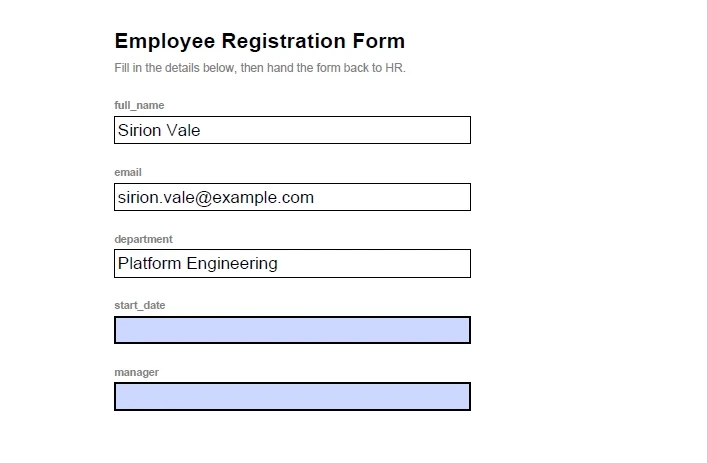 The partially flattened form — three fields are page text, start_date and manager are still fillable