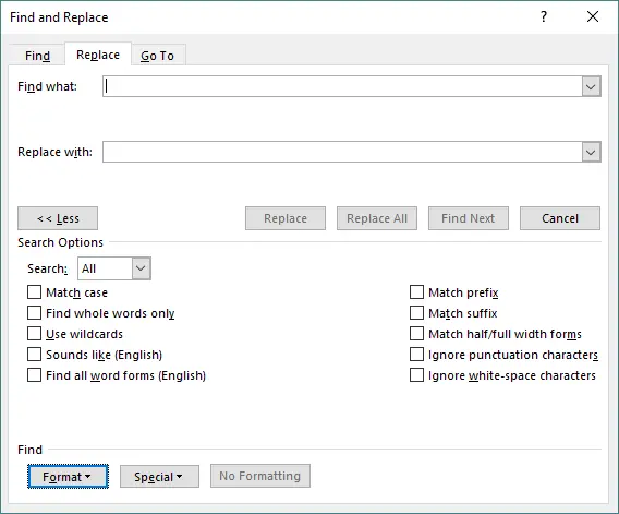 Format option in Find and Replace
