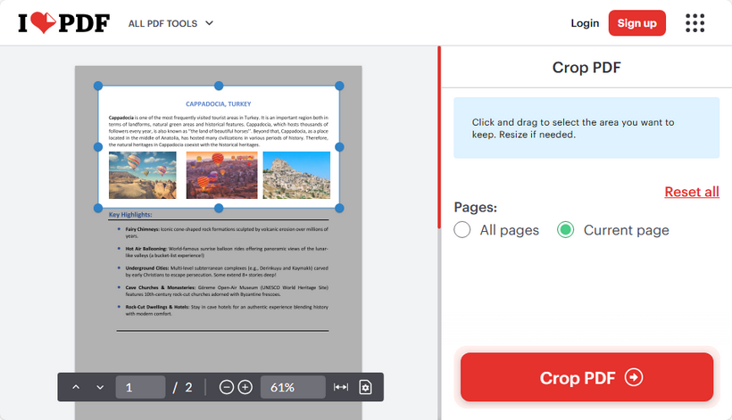 Recortar una página de PDF usando el recortador en línea gratuito de ILovePDF
