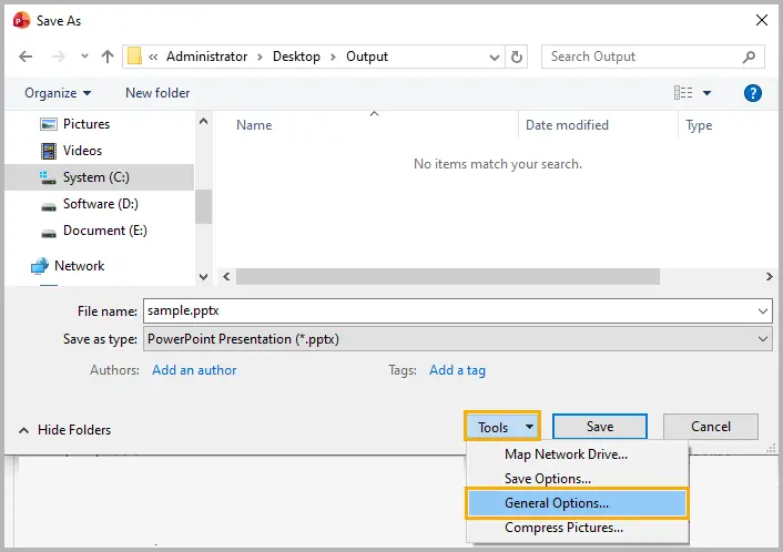 general options in save as dialog
