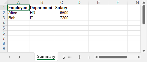 Basic Excel file generated in C# showing employee, department, and salary data