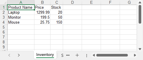 Excel file exported from C# DataTable with product name, price, and stock columns