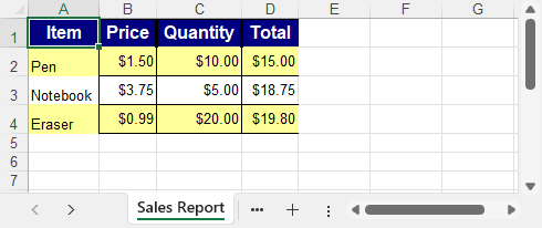 C# generated Excel file with styled headers, currency formatting, formulas, and alternating row colors