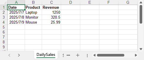 .NET Core Excel export showing daily sales with date, product, and revenue