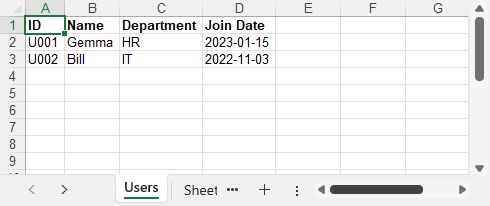 ASP.NET-generated Excel file with employee ID, name, and department