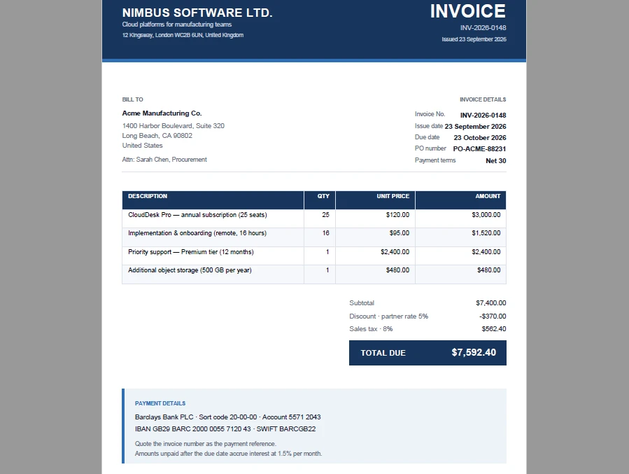 Invoice PDF generated from JavaScript data