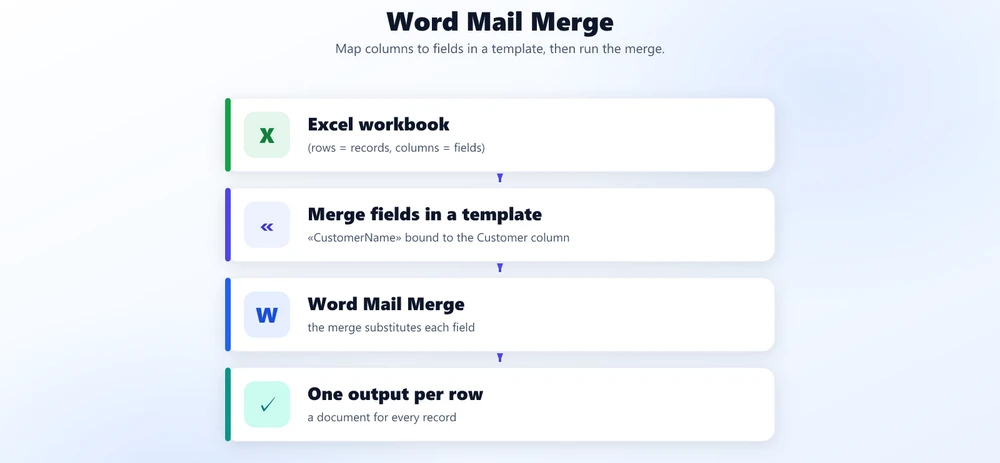 Combinar correspondencia de Word desde Excel: un libro de Excel (filas = registros, columnas = campos) alimenta los campos de combinación colocados dentro de una plantilla .docx, y la combinación emite un documento de salida por fila