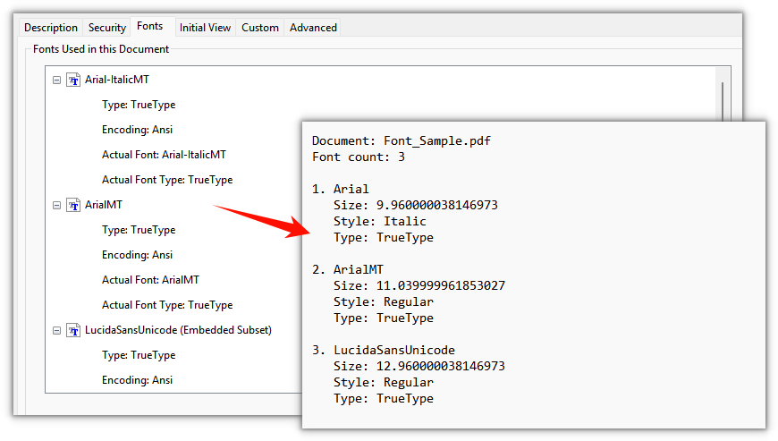 The font list is written to a text file, listing each font's name, size, style, and type
