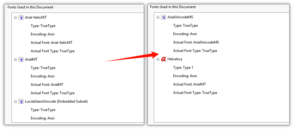 After replacement, the text in the standard font uses the new TrueType font while embedded fonts stay unchanged